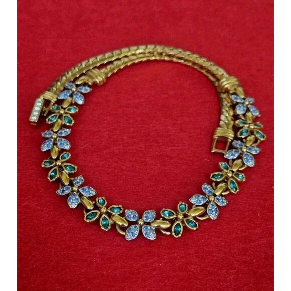 Swarovski Jewelry - Swarovski Signed Blue Teal Crystal Quatrefoil Flower Gold Plated Necklace Estate